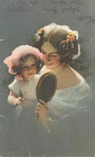 Artist signed 1911 beauty woman & baby girl with mirror