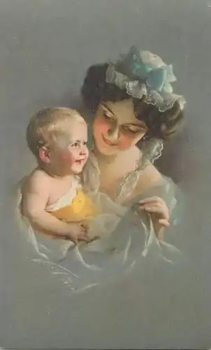 Artist signed 1911 beauty woman & baby boy