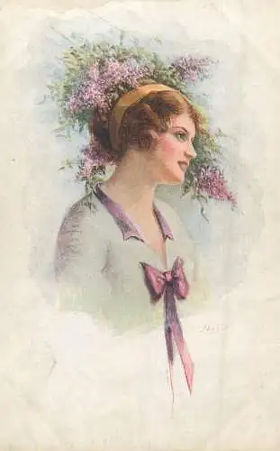 A. Vivian Mansell fine art publishers London postcard lilac flowers beauty lady frau femme coiffure