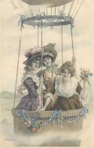 A. Waldemar signed ballon fancy glamour drawn ladies 1909 M. M. Vienne M. Munk