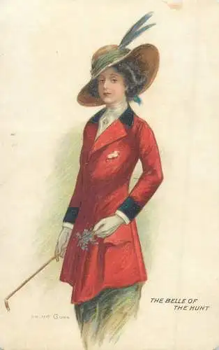 ARTIST SIGNED POSTCARD ARCHIE GUNN THE BELLE OF THE HUNT glamour lady fancy hat red coat c.1913