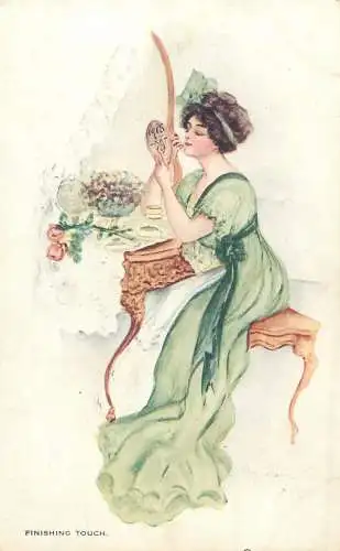 Angelo Pastelle Series postcard 1915 fancy glamour lady green dress mirror ' Finishing touch "