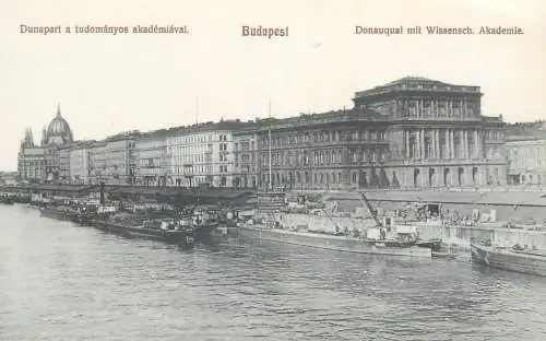 Europe Hungary Budapest Dunapart a tudomanyos akademiaval Danube barges crane postcard