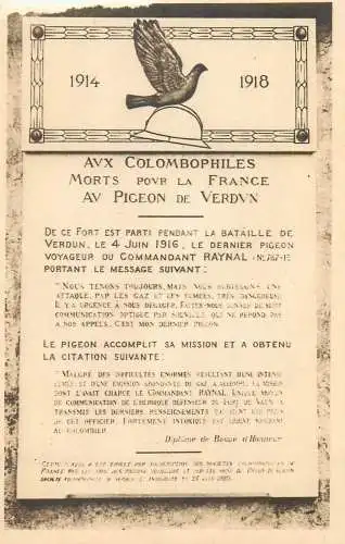 Military Le pigeon du Fort de Vaux 1914-1918 war postcard