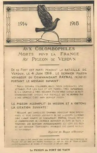 Military Le pigeon du Fort de Vaux 1914-1918 war postcard