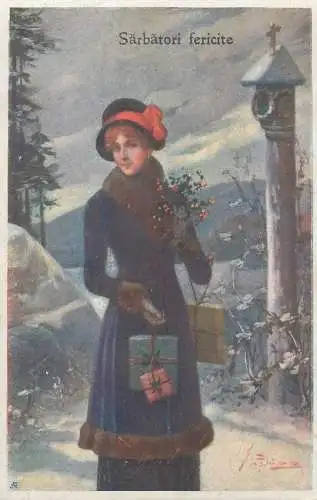 Romania Sarbatori fericite greetings 1924 artist postcard glamour drawn lady & gifts
