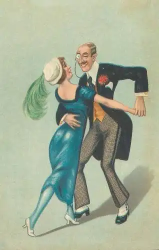 Comic dancing couple vintage caricature postcard