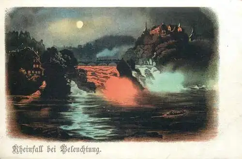 Rheinfall waterfall in evening by night vintage postcard Suisse