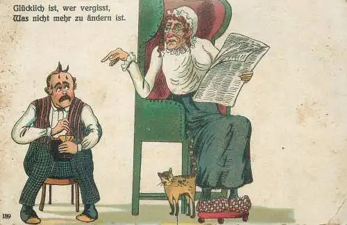 Glücklich ist, wer vergisst was nicht mehr zu ändern ist couple caricature vintage humour postcard Germany