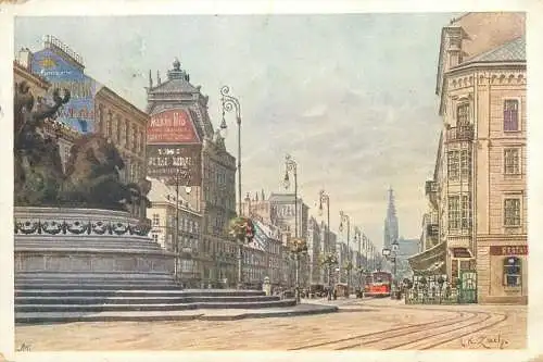 Austria Wien Kunstler-AK Praterstrasse tramway