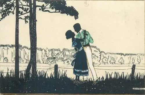 Romantic couple lovers silhouette artist vintage postcard