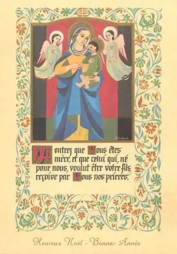 Religion Heureux Noel Bonne Annee greetings Christianity beliefs angels Holy Family postcard