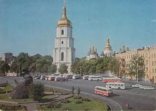Europe Ukraine Kiev statue cathedral bus postcard