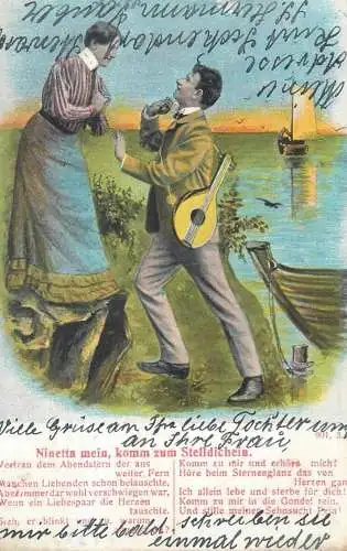 Greeting card 1908 ballad sailboat music mandolin love postcard caricature