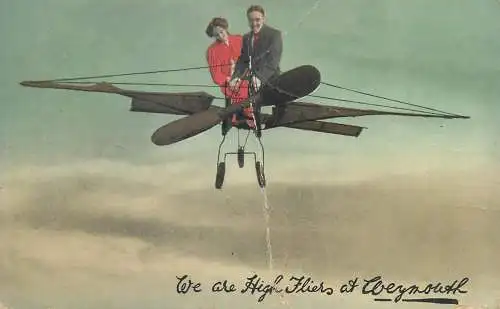 Airplane couple surrealism we are high fliers at Weymouth UK postcard vertical crease damage