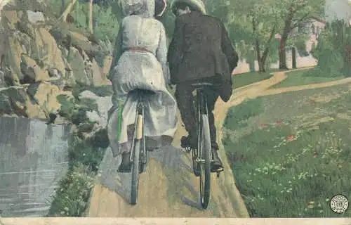 Couple on bicycles joy love intimacy elegance Italy postcard