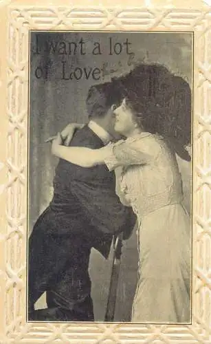 Photo real greeting card I want a lot of love romance joy couples elegance 1911 hat postcard