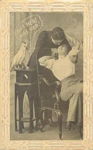 couple Kiss her card love romance joy affection elegance parrot 1911 postcard