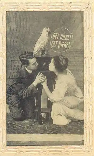 couple Get there card love romance joy couples elegance parrot 1911 postcard