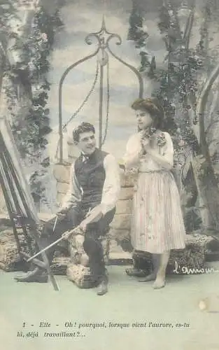 Poem love romance joy couples well France postcard paintor romantic scene