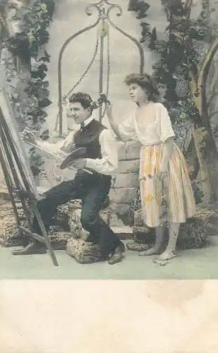 love romance joy couples well paintor France Postcard