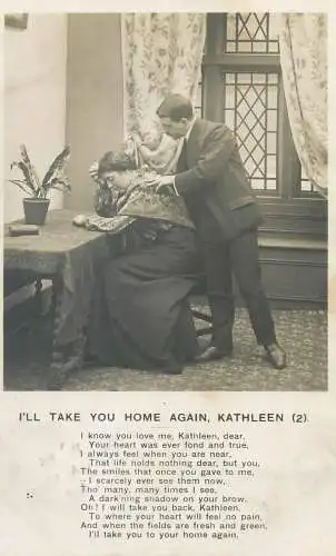 Greeting card I'll take you home again Kathleen poem love romance joy couples 1906 postcard