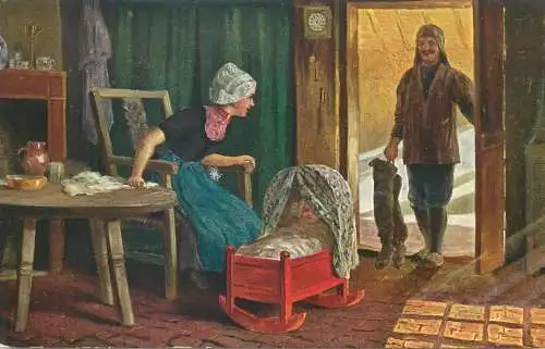 Painting winter scene with infant lady clock Postcard