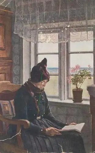 Painting lady reading The gospel of the day 1898 Postcard