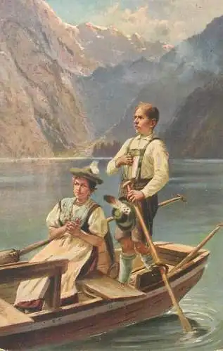 Painting Bavarian costume scene on a boat lake hat 1914 Postcard