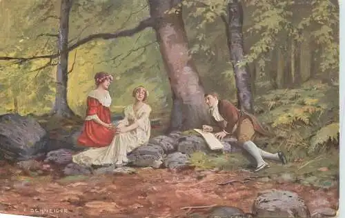 Painting E. Schneider forest scene Postcard