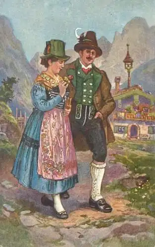 Painting Bayrische Trachten Jachenau Postcard