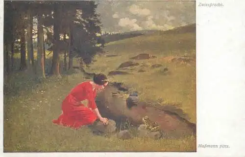 Painting Zwiesprahe Massmann lady in red dress forest scene 1927 Postcard
