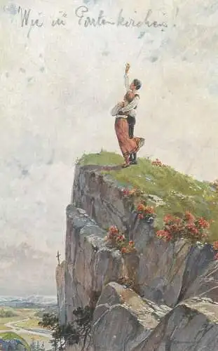 Painting R. Borrmeister Auf lichter Hohe Berlin lovers on a cliff Postcard