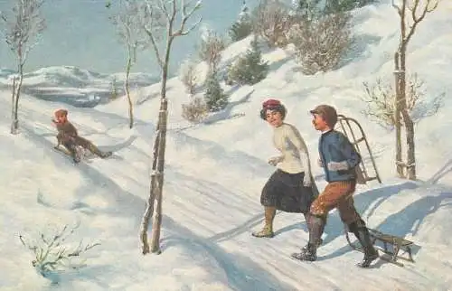 Painting winter scene snow sledding joy fun jolly Postcard