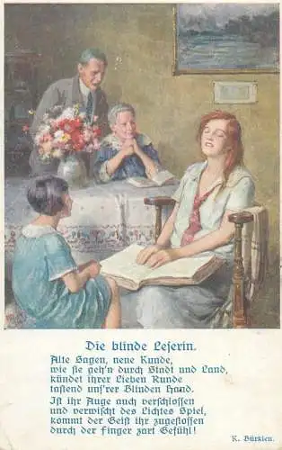 Painting German poem Die blinde Leferin family scene Postcard