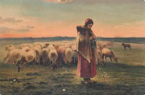 Painting portrait of a woman sheppardess sheeps Postcard