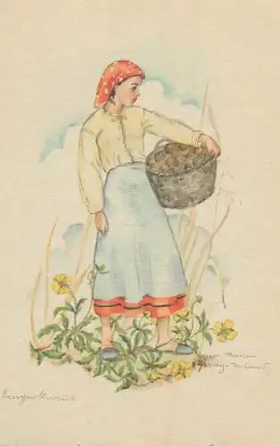 Painting portrait of a woman with a basket 1943 Postcard