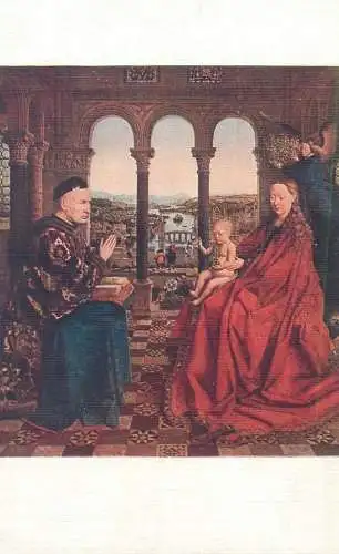 Painting Jan Van Eyck the virgin and the donator Louvre museum 1986 Postcard