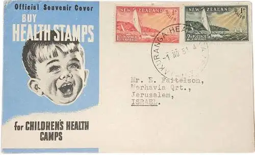 New Zealand official souvenir cover buy health Stamps for children`s camps Auckland to Jerusalem Israel 1951