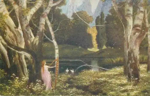 Illustrators postcard Hungary harp player in the forest
