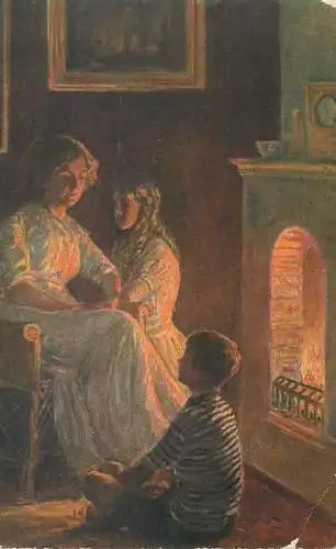 Illustrators postcard Danische Kunst family in front of fireplace
