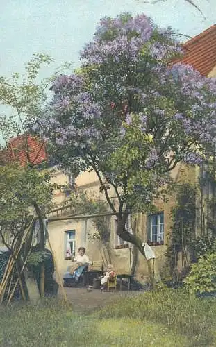 Illustrators postcard family in the yard rural landscape