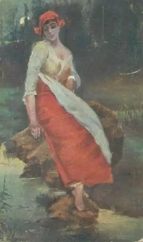 Illustrators postcard 1911 woman in red dress and red hat