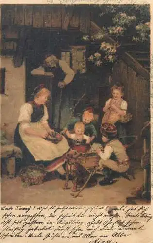Illustrators postcard family in the courtyard scene Mina