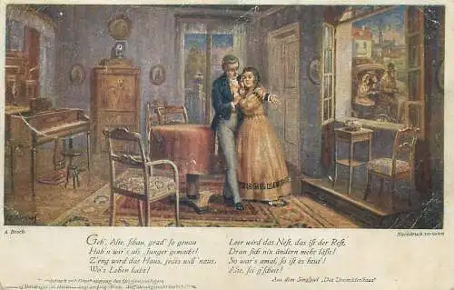 Illustrators postcard A. Broch Das Dreimaderlhaus 1918 Singspiel couple in the lounge