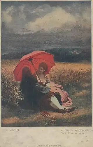 Illustrators postcard J. Manes En ete W lecie red umbrella couple in the field