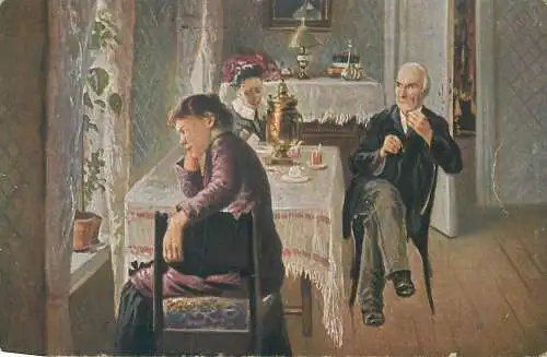 Illustrators postcard V.N. Bakscheiev Berlin Steglitz household scene
