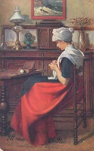 Illustrators postcard T. Kroj lady knitting red dress