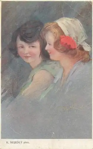 Illustrators postcard K. Nejedly girls with red flower in hair
