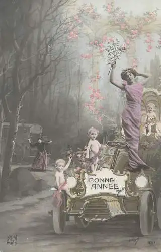 cpa surrealisme enfants voiture multi bebes bonne Annee